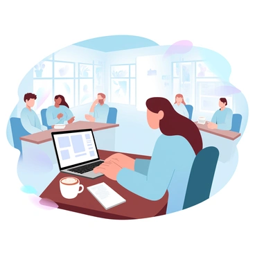 A person is sitting at a wooden table in a bustling coffee shop, focused on a laptop. The laptop screen is open, displaying various applications. Beside the laptop is a cappuccino in a white ceramic cup, topped with frothy milk art. Surrounding the person are other tables with people engaged in conversations and enjoying their drinks. Soft light filters through large windows, casting gentle shadows across the scene. A variety of coffee shop decor, including plants and artwork on the walls, adds to the lively atmosphere.