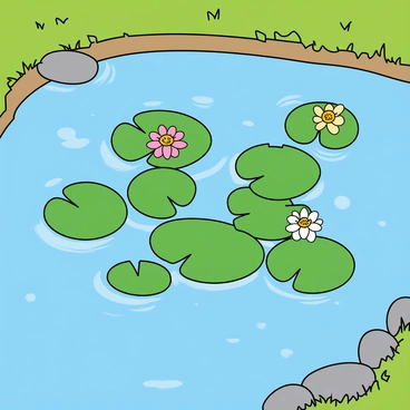 A serene pond with clear blue water, surrounded by green grass and small rocks. The surface of the pond is mostly covered with round green lily pads. About one-third of the lily pads have blooming flowers in various colors, such as white, pink, and yellow. The flowers have delicate petals and are situated among the pads, creating a vibrant contrast. The scene is peaceful, with a few gentle ripples on the water's surface, reflecting the bright sunlight.