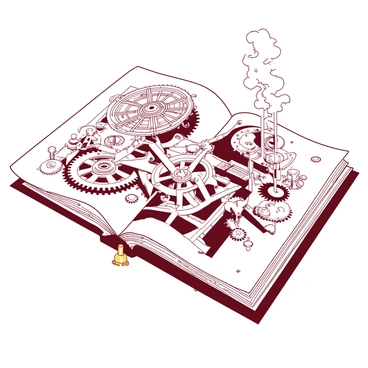 A white marque page features detailed illustrations of intricate steampunk gadgets and gears. The page is filled with various cogs and wheels, all interconnected, creating a complex mechanical design. Alongside the gears, there are small steam vents and brass pipes embellishing the surface. The overall composition gives a sense of depth and intricacy, showcasing the uniqueness of steampunk artistry.
