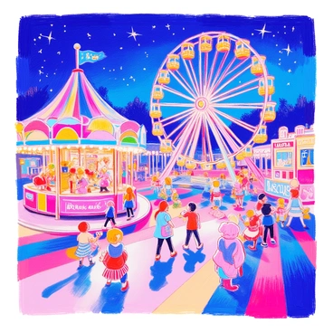 A carnival scene features a colorful Ferris wheel with bright lights illuminating the night sky. Nearby, a carousel spins with beautifully painted horses, each adorned with vibrant colors. Stalls offering cotton candy and popcorn are scattered throughout the area, with people enjoying the treats. A group of children are laughing and playing games, their faces lit up with joy. In the background, a dazzling array of lights creates a festive atmosphere, adding to the excitement of the event.