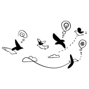 A flock of birds soaring through the sky, each bird connected to a "thought bubble" trailing behind it. The thought bubbles contain various symbols, such as gears, light bulbs, and stars. The birds have distinct shapes and sizes, creating a dynamic composition in flight. The background includes a series of clouds that add depth to the scene.
