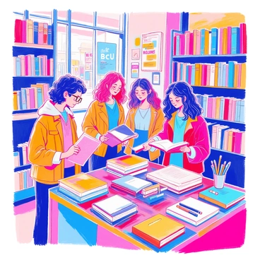 A group of students is engaged in browsing through books and academic supplies at the BCU bookstore. The bookstore features tall shelves filled with colorful textbooks and novels. A student with curly hair is flipping through a book while another student with glasses is examining a stack of notebooks. Nearby, a table displays various stationery items, including pens, highlighters, and planners. Brightly colored posters promoting upcoming events are pinned to the walls. The atmosphere is lively, with students chatting and sharing recommendations.