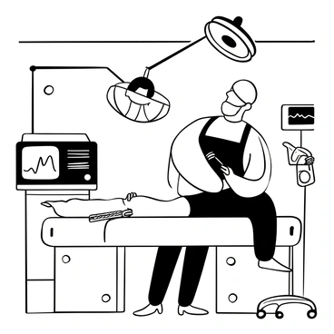 A surgeon in scrubs and a surgical mask is focused on stitching a deep cut on a patient's arm on an operating table. The surgeon holds a surgical needle with precision, using forceps in the other hand to stabilize the skin. Surgical lights overhead illuminate the area with a stark contrast. Tools such as scalpels and scissors are neatly arranged on a nearby tray. The background features sterile walls and a monitor displaying vital signs.