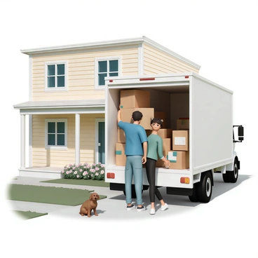 A large moving truck is parked in front of a modern two-story house with cream-colored siding and a welcoming porch. The truck's back door is open, revealing various cardboard boxes stacked inside, some labeled with colorful markers. A man, wearing a blue t-shirt and denim jeans, is lifting a heavy box out of the truck while a woman, dressed in a green sweater and black leggings, stands beside him, holding a clipboard and giving directions. A family dog, a brown Labrador, is sitting nearby, watching the activity with interest. The sun is shining brightly, casting clear shadows on the front lawn, which features freshly cut grass and a row of blooming flowers along the walkway.