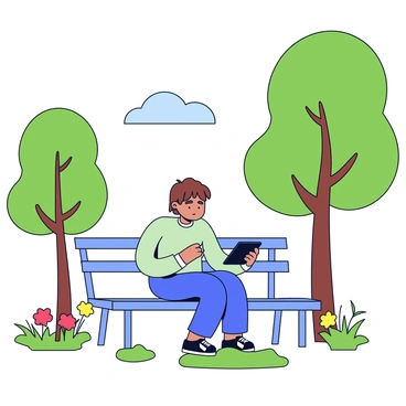 A person sitting on a bench in a park, focused on a tablet. The individual has short brown hair and is wearing a light green shirt. Surrounding the person are tall trees with green leaves, and patches of grass cover the ground. A few colorful flowers are blooming nearby, adding hints of red and yellow to the natural scene. In the background, a clear blue sky can be seen peeking through the tree branches.