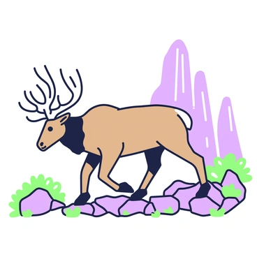 An elk with large antlers is navigating through a rocky landscape. The elk's fur is a mix of browns and tans, blending subtly with the environment. Around the elk, there are scattered rocks of various sizes, forming an uneven terrain. Sparse vegetation includes small patches of green grass and a few resilient shrubs that cling to the rocky ground. In the background, there are additional rocky outcrops, adding depth to the scene. The sky overhead is clear, providing a bright backdrop for the elk's journey.