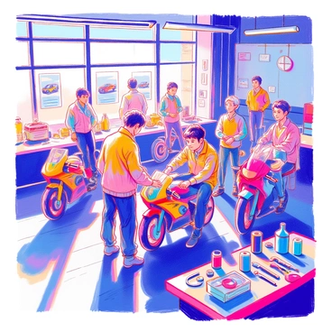 A hands-on workshop is set up with several BMW motorcycles on display. Riders, both men and women of various ages, are gathered around the bikes, attentively following an instructor. The instructor, wearing a mechanic's coverall, is demonstrating how to check the oil and tire pressure of a motorcycle. Various tools are laid out on a workbench nearby, including wrenches, oil cans, and tire pressure gauges. In the background, posters depicting different BMW motorcycle models hang on the walls. Sunlight streams through large windows, illuminating the focused expressions of the participants as they engage in learning about motorcycle maintenance.