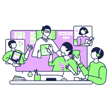 A virtual TAFE illustration class is in session, featuring several students and an instructor on a video call. The instructor appears on the screen, wearing a headset and glasses, with a colorful backdrop of art supplies behind them. Each student is shown in a separate box on the screen, engaging in the lesson. One student is sketching on a digital tablet, another is holding up their sketchbook, while a third student is jotting down notes. The classroom setup for each student includes elements like drawing materials, a desk lamp, and an inspirational art poster on the wall. The instructor is gesturing towards a shared screen displaying a colorful illustration tutorial.