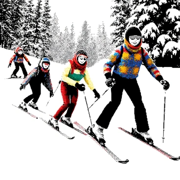 A group of cartoon characters is skiing down a snowy slope. Each character is wearing retro ski outfits, featuring colorful patterns and unique designs. One character, a tall figure with a bright scarf, is in a dynamic pose as they carve through the snow. Another character, shorter and rounder, is smiling widely while attempting to balance on their skis. They are surrounded by snow-covered trees in the background, creating a winter wonderland scene. The slopes are steep and the snow appears textured, capturing the excitement of skiing.