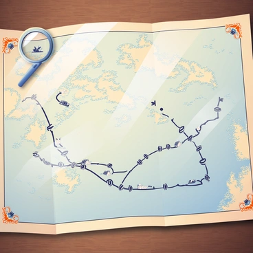 An aged map depicting the historical trade routes of cod fish is spread out on a wooden table. The map features intricate, faded illustrations of the ocean and coastal regions, with various trade routes marked in dark blue lines. Small icons resembling fish are placed along the routes, indicating the abundance of cod in those areas. Along the edges of the map, there are decorative elements like compasses and scrollwork in muted colors. A magnifying glass is resting on one corner of the map, reflecting light in a soft shimmer. The overall appearance is one of antiquity and exploration, evoking a sense of maritime history.