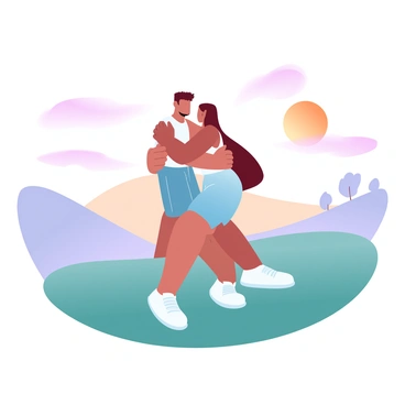 Two friends are embracing on a grassy hilltop, surrounded by gently rolling terrain. The sun is setting in the background, painting the sky in gradient pastel colors of orange, pink, and purple. The friends are wearing casual summer clothing, and their arms are wrapped around each other in a warm and friendly hug. In the distance, silhouettes of trees can be seen against the colorful sky, enhancing the serene atmosphere of the scene.