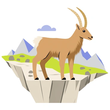 An ibex with curved horns standing majestically on a rocky mountain ledge. The ibex has a shaggy brown fur coat and its hooves are gripping the rocky surface. The background features rugged mountains with patches of green grass and scattered rocks. A clear blue sky is visible above, adding to the vibrant scene.