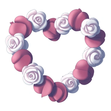 A heart-shaped wreath made of rose petals. The wreath is meticulously arranged with an even distribution of "red" and "white" petals. Each petal has a soft, delicate texture, and the overall shape forms a perfect heart. The composition emphasizes the circular form of the wreath, showcasing the intricacy of the petal placement and the contrast between the two colors.