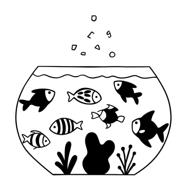 A group of various tropical fish swimming together, creating a lively scene in the water. The fish have distinct shapes and patterns, showcasing their diversity. Above them, food flakes are falling gently from an unseen source, creating ripples in the water. Some fish are positioned closer to the surface, reaching up toward the flakes, while others swim in a more reserved manner, circling below. The water is clear, allowing for a detailed view of the fish as they interact with each other amidst the cascading flakes.
