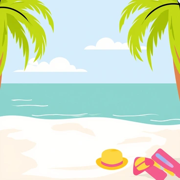 A tropical beach scene featuring soft, white sand stretching across the foreground. Tall, green palm trees with large fronds lean slightly towards the water, casting gentle shadows on the sand. In the background, clear turquoise water sparkles under a bright blue sky, with a few fluffy white clouds drifting lazily. Small waves lap at the shore, creating a sense of calm. Brightly colored beach towels and a sun hat are placed on the sand near the water's edge, adding a touch of vibrancy to the scene.