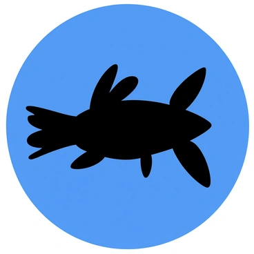 A silhouette of a zebrafish with elongated fins and a streamlined body swimming gracefully. The fish features distinct vertical stripes on its body, adding to its recognizable shape. The background is a vibrant bright blue, enhancing the contrast with the dark silhouette of the fish, creating a striking visual effect. The scene captures the motion of the fish as it glides through the water.