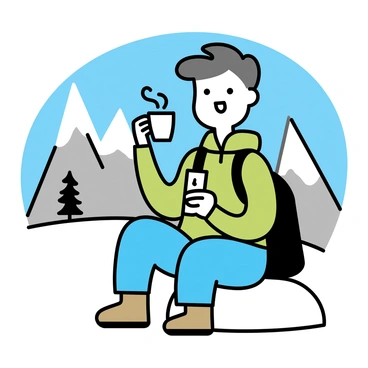 A hiker, wearing a green jacket and brown hiking boots, is sitting on a rock. He has a light beard and is holding a steaming coffee cup in his right hand. The background features tall mountains with snow-capped peaks under a clear blue sky. The hiker's backpack is leaning against the rock beside him, and a few pine trees are visible in the distance.