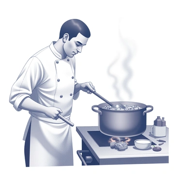A chef standing in a kitchen, focusing intently on a large pot of chili resting on a stove. The chef is holding a long wooden spoon, stirring the contents of the pot with a steady motion. Flames flicker up from the burner beneath the pot, casting dynamic shadows in the kitchen. The chef is wearing a traditional white chef's jacket, and there are various spices and vegetables prepared on the countertop nearby. Steam is rising from the pot, creating a sense of warmth and activity in the kitchen.