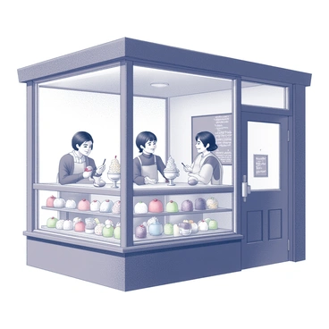 A small ice cream shop with large front windows, showing droplets of rain streaming down the glass. Inside, several people are seated at wooden tables, enjoying warm sundaes topped with whipped cream and cherries. One customer has a delighted expression while holding a spoon, ready to take a bite. The shop's interior is filled with various flavors of ice cream displayed in glass cases. There is a chalkboard menu hanging on the wall, listing different sundae options. The lighting is soft and inviting, creating a warm atmosphere despite the rainy weather outside.