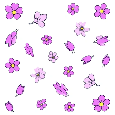 A repeating pattern featuring a variety of pink flowers, including daisies, tulips, and cherry blossoms. Each flower has distinct shapes and sizes, with some displaying detailed petals and others showing simple, rounded designs. The flowers are scattered evenly across a crisp white background, creating a harmonious and balanced visual effect. The arrangement allows for the flowers to overlap slightly, enhancing the richness of the pattern.
