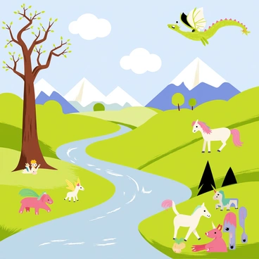 A fantasy landscape featuring rolling green hills and a bright blue sky filled with fluffy white clouds. In the foreground, a majestic dragon with shimmering scales flies over a sparkling river. To the left, a tall, ancient tree with twisting branches provides a home for a small family of fairies with colorful wings. In the distance, snow-capped mountains rise against the horizon, where a unicorn grazes peacefully. Various mythical creatures, such as griffins and centaurs, roam throughout the scene, adding life and vibrancy to the landscape.