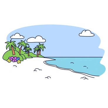 A tropical island with a wide, pristine beach featuring soft white sand. The shoreline is gently lapped by clear, turquoise waters that reflect the sunlight. In the background, there are lush green palm trees swaying lightly in the breeze. A few colorful tropical flowers are scattered near the edge of the beach. The sky above is bright blue with a few fluffy white clouds.