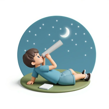 A young boy, wearing a blue t-shirt and denim shorts, is lying on a patch of green grass. He has short brown hair and a look of wonder on his face as he gazes through a silver telescope pointed towards the starry night sky. The sky is filled with countless twinkling stars and a bright crescent moon. The boy's hands are resting on the grass, and he has a small notebook beside him, where he has jotted down observations. The scene captures the boy's curiosity and awe of the universe.