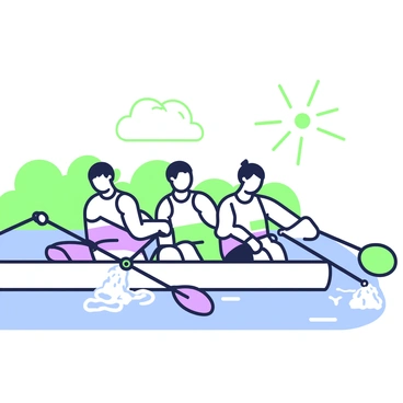 A rowing team is captured in action on a lake, with each team member in a sleek boat. The focus is on the dynamic movements of their arms as they pull on the oars. Each rower showcases strong, defined arm muscles, accentuated by the effort of rowing. Water splashes up around the oars as they enter and exit the water. The team members are wearing matching athletic gear, and the sun casts a soft light on their determined expressions as they coordinate their strokes in unison. In the background, a gentle shoreline is visible, adding context to the scene.