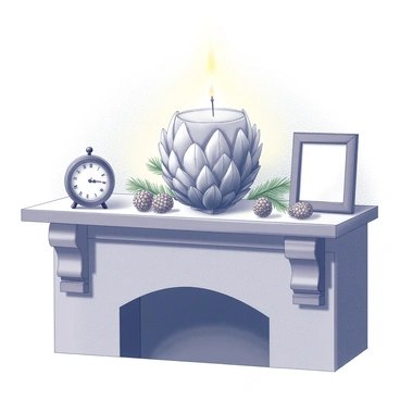 A decorative candle shaped like an artichoke sits prominently on a cozy mantel. The candle features intricate details that mimic the natural layers and texture of an artichoke. Surrounding the candle are small decorative elements, such as a few pinecones and a couple of sprigs of evergreen, adding to the warm atmosphere. The mantel itself is made of wood, displaying a rustic finish, and is adorned with a couple of framed photographs and a small clock on one side. The background contains soft lighting that enhances the inviting ambiance of the scene.