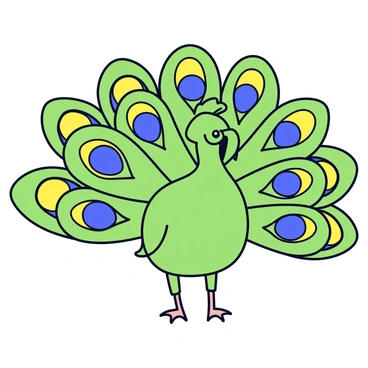 A peacock with its plumage fully spread, showcasing a variety of bright colors including green, blue, and yellow. The feathers are detailed with eye-like patterns in shades of blue and gold. The peacock's body is a rich green with a smooth texture. The background is a simple, light color to emphasize the vibrant colors of the peacock. The overall composition is playful and lively, capturing the elegance of the peacock's display.