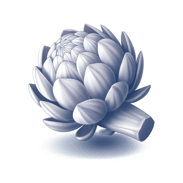 An artichoke placed on a textured surface, showcasing its unique shape and layers of leaves. The outer leaves are tightly packed and have a distinct pointed shape, while the inner leaves are slightly more open, revealing the heart of the artichoke. The overall structure is detailed, highlighting the ridges and curves of the leaves. The artichoke is depicted with intricate shading and texture that emphasizes its form and natural aspects.