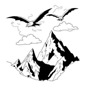 Two sinister flying creatures with dark wings are soaring above the jagged peaks of Mordor. The creatures have sharp claws and fierce eyes, providing an intimidating presence in the sky. Below, the landscape is rugged and barren, with jagged mountain tops casting long shadows on the rocky terrain. The sky is filled with ominous clouds, adding to the foreboding atmosphere. The peaks are craggy and steep, enhancing the sense of danger in this desolate region.