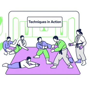 A group of fighters is engaged in a grappling training session on a large mat. In the center, two fighters are locked in a hold, showcasing their techniques and strength. One fighter has short hair and is wearing a blue gi, while the other has long hair tied back and wears a gray gi. Surrounding them, other fighters are practicing nearby, some resting on the mat while others observe intently. The room is spacious, with mirrors on the walls reflecting their movements and a large banner hanging above, displaying "Techniques in Action."