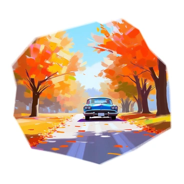 A scenic country road stretches into the distance, flanked by trees showcasing vibrant autumn foliage in shades of orange, red, and yellow. The leaves are gently falling, creating a colorful carpet along the roadside. A classic car, painted in a glossy deep blue, is driving down the road, its chrome detailing glistening in the soft sunlight. The scene captures the essence of a tranquil autumn day, with a clear blue sky overhead and the warm light casting dappled shadows on the ground. The road curves slightly, inviting the viewer to imagine the journey ahead.