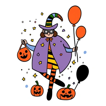 A person with light skin and big eyes is dressed in a colorful and imaginative Halloween costume, standing in a playful pose. The costume features a bright purple cape with stars, a whimsical hat with a large feather, and a sparkling mask that adds an air of mystery. They are wearing black shoes and striped leggings. A trick-or-treat bag shaped like a pumpkin is clutched in their hand. The background is filled with Halloween decorations, including orange and black balloons and a few carved pumpkins on the ground.