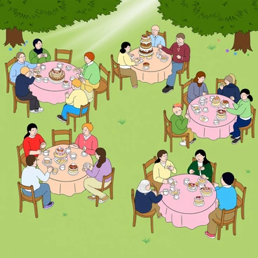 A vibrant garden party at a cake shop, featuring several round tables covered with colorful tablecloths placed on a green lawn. Each table is adorned with delicate floral centerpieces and an assortment of pastries and cakes on tiered stands. Groups of people of various ages are gathered around the tables, engaging in lively conversation while sipping tea from ornate cups. Some guests are enjoying slices of cake, while others are reaching for delicious treats. Soft sunlight filters through the trees, creating a cheerful atmosphere with a few scattered chairs around the tables.