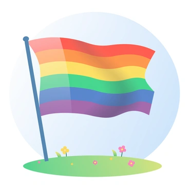 A flag with a vibrant rainbow pattern is waving in the wind. The colors of the rainbow are arranged in horizontal stripes, each transitioning smoothly into the next. The flag is positioned against a blue sky, with a gentle breeze causing it to flutter gracefully. In the foreground, there is a green grassy field that adds contrast to the colorful flag. Small flowers in various colors dot the grass, enhancing the scene's lively atmosphere.