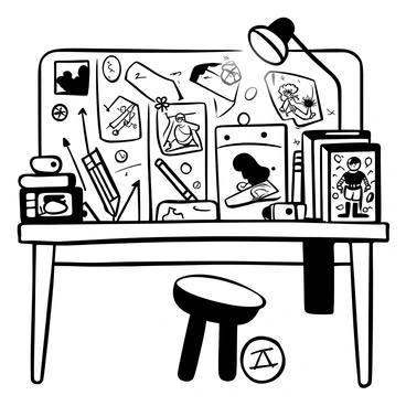 A comic book artist's drafting table is depicted, covered with a variety of sketches and drawing tools. The table has several sheets of paper with detailed sketches showcasing superheroes and action scenes. Various pencils, pens, and markers are scattered across the surface, along with an open sketchbook displaying unfinished artwork. A lamp casts light over the table, illuminating the creative chaos, while a stack of comic books is placed on one side, showcasing the artist's previous work.