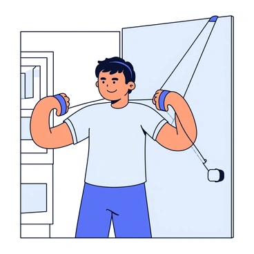 A person is performing face pulls at home using resistance bands. The bands are securely attached to a door at head height. The individual has a focused expression while pulling the bands towards their face, with elbows raised and shoulders retracted. The person is wearing a comfortable workout outfit, consisting of a fitted t-shirt and shorts. The room is well-lit, showcasing a simple and tidy home environment, with minimal furniture in the background. The door has a neutral color, complementing the overall scene.