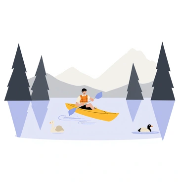 A kayaker gliding through a mystical fog-covered lake in the early morning