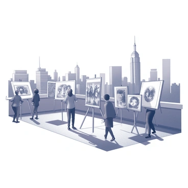 An open-air art exhibit set on a rooftop in New York City. Various artworks are displayed on easels and stands, creating a dynamic array of visuals. In the background, the iconic skyline is visible, showcasing tall skyscrapers and famous buildings. People wander through the exhibit, engaging with the art and each other, while a slight breeze ruffles the edges of the artwork. The scene captures the vibrant atmosphere of creativity and urban life.