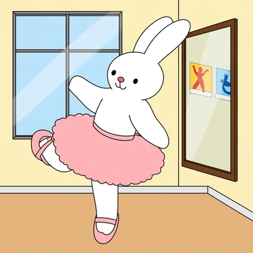 A cute bunny character, resembling Miffy, stands in a bright dance studio. She has white fur and large, round ears. Miffy is wearing a fluffy pink tutu that flares out around her waist, and a matching pair of ballet slippers. She is positioned in a graceful ballet pose with one leg extended behind her. The dance studio has large mirrors on the walls reflecting her movements and soft wooden floors. A couple of colorful dance posters are hung up, adding a lively touch to the space. Miffy appears focused and joyful as she practices her ballet moves.