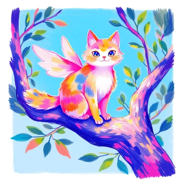 A whimsical creature is perched on a sturdy tree branch. The creature has the body of a cat with soft, fluffy fur that is a mix of vibrant colors. Its head resembles that of a bird, complete with bright, curious eyes and a small beak. The creature's wings are feathered, complementing its feline physique. Surrounding the branch, green leaves sway gently in the breeze, enhancing the lively atmosphere of the scene. The background features a clear blue sky, providing a cheerful backdrop to this imaginative being.