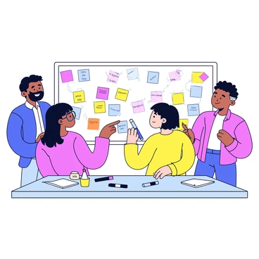 A group of four people gathered around a large whiteboard, engaging in a brainstorming session for a company's rebranding campaign. The whiteboard is filled with colorful sticky notes and handwritten ideas. One person, a woman with short hair wearing glasses, is pointing at a note while another, a man in a blue shirt, is jotting down ideas on a notepad. The third member, a man with a beard in a casual sweater, is listening attentively, and the fourth, a woman in a bright dress, is holding a marker, ready to write. The atmosphere is focused and collaborative, with a few markers and additional notepads scattered on a nearby table.