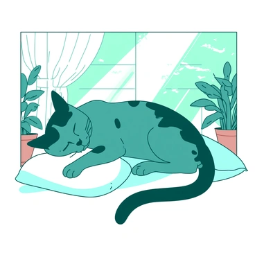 A teal Bengal cat with distinctive dark spots is napping peacefully on a soft white cushion. The cat is curled up, with its paws tucked under its chin and eyes closed. A bright sunbeam is streaming through a large window, casting a warm glow across the cat and the surrounding area. The window has sheer white curtains gently billowing in the light breeze. In the background, there are potted green plants adding a touch of nature to the scene.