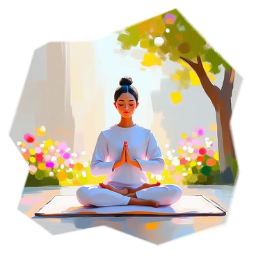 A person with medium skin tone sitting cross-legged on a soft mat, practicing meditation outdoors in a serene environment. The individual has closed eyes and a calm expression, with hands resting on their knees. They are wearing comfortable, loose-fitting clothing that allows ease of movement. Surrounding them are lush green trees and colorful blooming flowers, creating a peaceful atmosphere. A gentle breeze causes the leaves to rustle lightly, and soft sunlight filters through the branches, casting dappled shadows on the ground. The scene conveys tranquility and a focus on mindfulness.