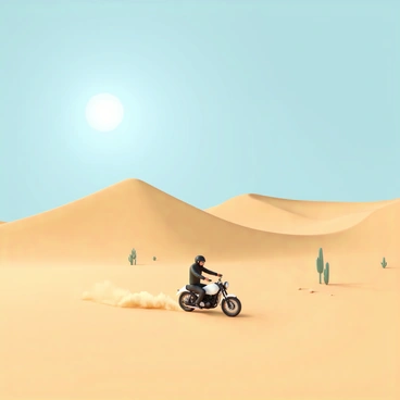A lone biker, wearing a black leather jacket and a helmet, rides a sleek motorcycle across a vast desert landscape. The motorcycle kicks up a small cloud of dust as it traverses the golden sand dunes. In the background, the undulating dunes rise and fall under the clear blue sky, creating a striking contrast against the warm tones of the sand. The sun is positioned high, casting sharp shadows on the ground, while a few sparse desert plants dot the scene, adding subtle hints of green to the arid environment.