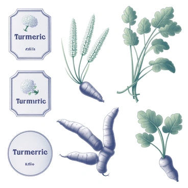 A collection of vintage-style botanical labels showcasing turmeric plants. Each label features a detailed illustration of the turmeric plant, highlighting its large green leaves and flowering spikes. The plant's thick, knobby rhizomes are also depicted, emphasizing their distinct texture and shape. The labels include ornate borders and classic typography, with the word "Turmeric" prominently displayed. Each label captures the essence of botanical documentation, combining careful artistry with educational information about the turmeric plant.