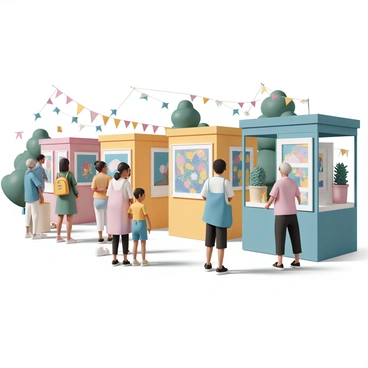 A lively art fair taking place outdoors, filled with various artist booths displaying colorful artworks. Several artists are standing next to their creations, engaging with visitors. One artist, wearing a blue apron, is explaining their abstract painting, while a group of people, including a child and an elderly couple, admire the vibrant colors. Other attendees are browsing through different installations, including sculptures and paintings, with expressions of curiosity and admiration on their faces. Bright banners and decorations create a festive atmosphere, while trees provide shade in the background.