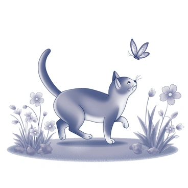 A cat is in a garden, chasing a butterfly. The cat has a sleek body and alert posture, with its tail raised high. The butterfly flutters above the ground, displaying delicate wings with intricate patterns. Surrounding them are blooming flowers of various sizes and shapes, with some having detailed petals and leaves visible. The garden is lush, with a variety of plants creating a vibrant environment for this playful scene.